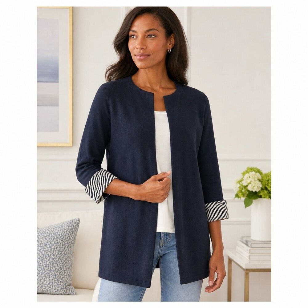J. McLaughlin Cardigan Navy Blue Knit Open Front Zebra Cuff 3/4 Sleeve Tunic M